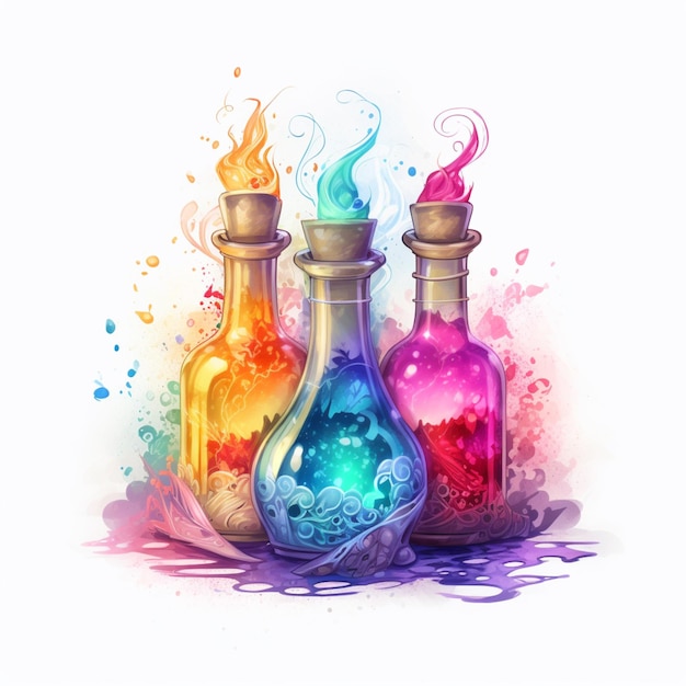 Il y a trois bouteilles contenant des liquides colorés sur une table ai générative