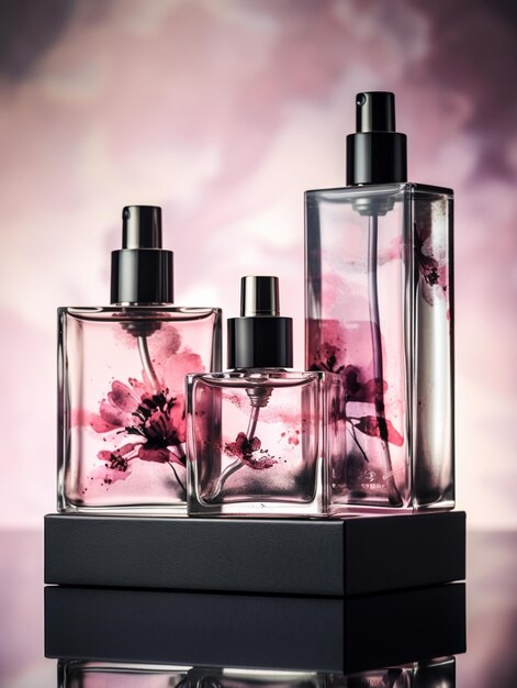 Il y a trois bouteilles de parfum sur une table avec un fond rose.