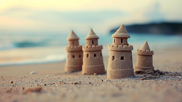 Il y a trois châteaux de sable sur la plage avec un océan bleu en arrière-plan.