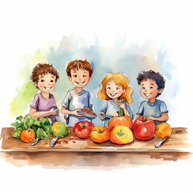 il y a trois enfants debout autour d'une table avec des légumes ai génératif