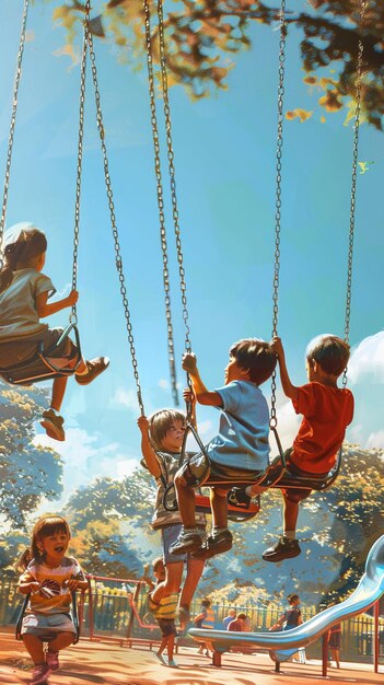 Photo il y a trois enfants qui jouent sur des balançoires dans un parc.