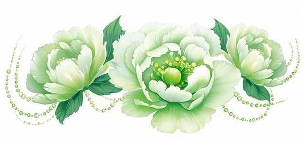 il y a trois fleurs blanches avec des feuilles vertes sur un fond blanc