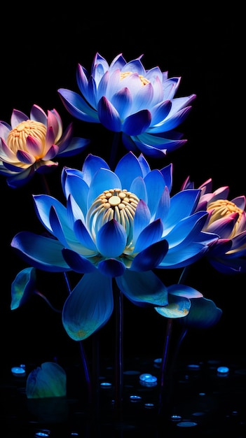 Il y a trois fleurs bleues dans un vase avec de l'eau sur la table ai générative