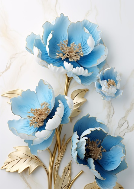 Il y a trois fleurs bleues avec des feuilles d'or sur une surface de marbre générative ai