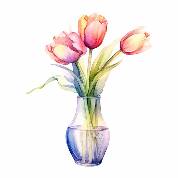 Il y a trois fleurs dans un vase avec de l'aquarelle à l'intérieur.