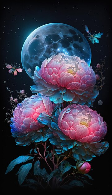 il y a trois fleurs qui sont devant la lune ai générative