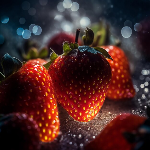 Photo il y a trois fraises assises sur une table avec des gouttelettes d'eau génératrices.