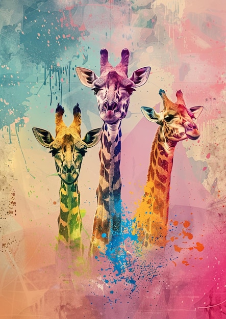 Photo il y a trois girafes debout ensemble dans une peinture colorée générative ai