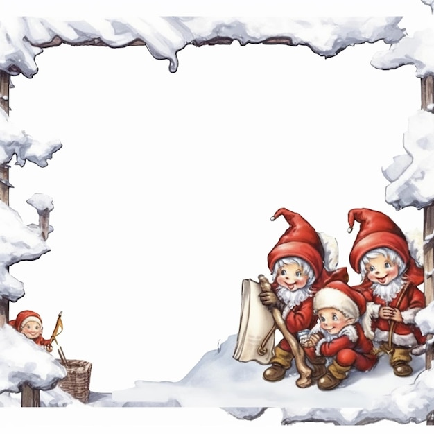 Il y a trois gnomes assis dans la neige avec une ai générative de défilement