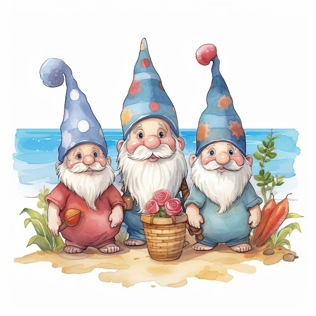 il y a trois gnomes debout sur la plage avec un panier de carottes ai générative