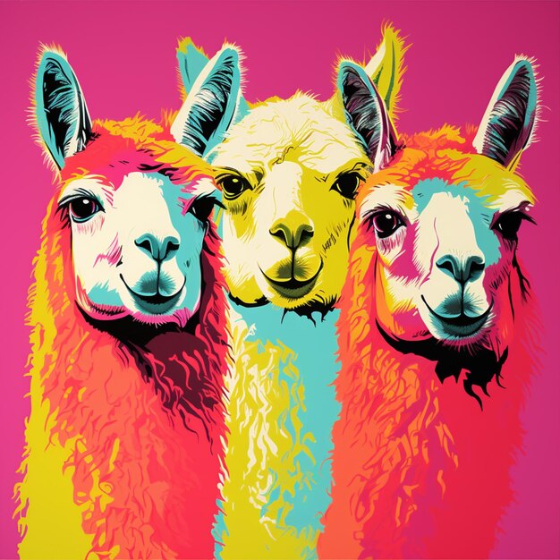 Photo il y a trois lamas qui se tiennent ensemble sur un fond rose.