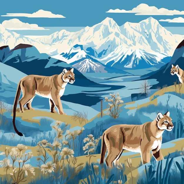 Photo il y a trois lions de montagne qui marchent dans les montagnes ensemble.