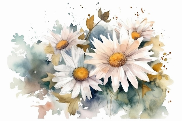 il y a trois marguerites peintes à l'aquarelle sur fond blanc ai générative