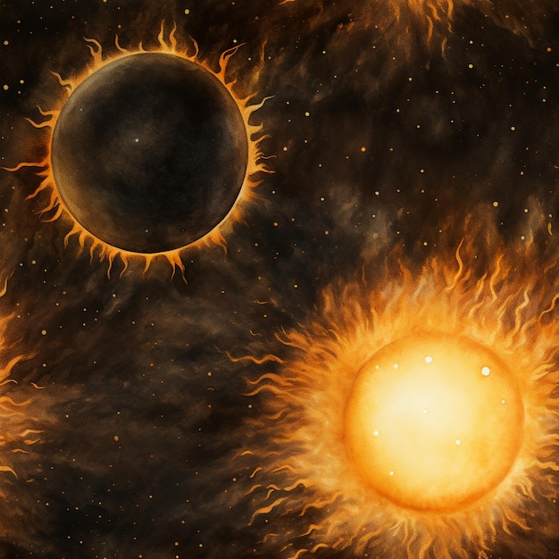 il y a trois objets ressemblant à du soleil dans le ciel avec un fond noir ai génératif