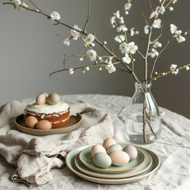 Il y a trois œufs sur une assiette sur une table avec un vase génératif ai