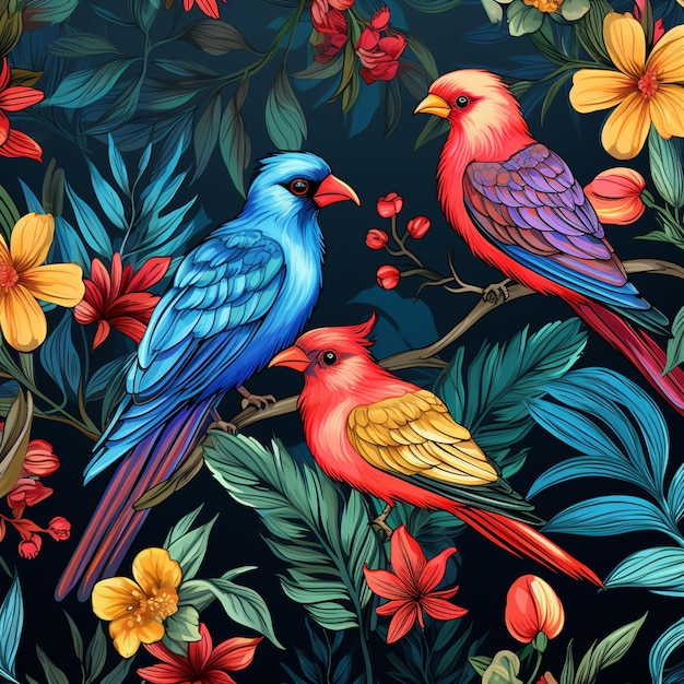 Il y a trois oiseaux colorés assis sur une branche d'un arbre ai génératif