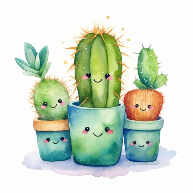 Photo il y a trois plantes de cactus avec des visages dessinés sur eux.