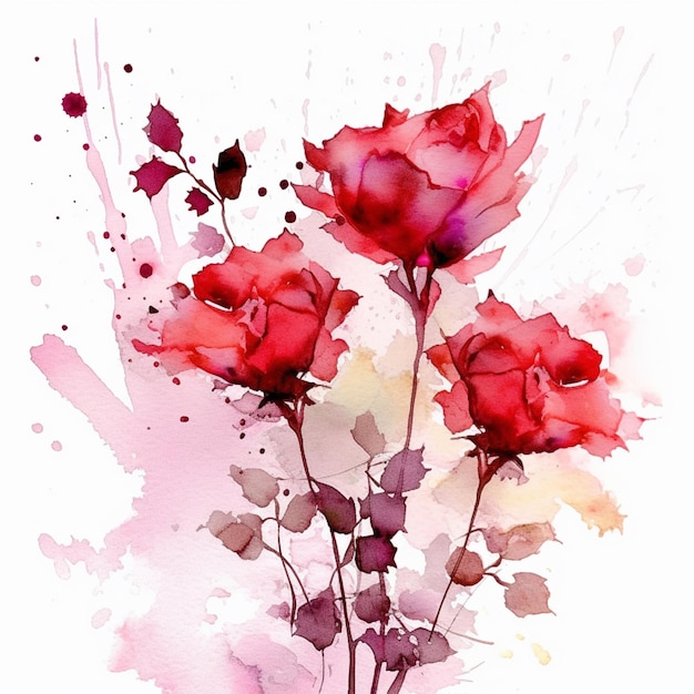 Il y a trois roses rouges dans un vase avec de la peinture aquarelle ai générative