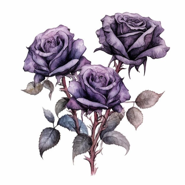 Il y a trois roses violettes avec des feuilles vertes sur un fond blanc.