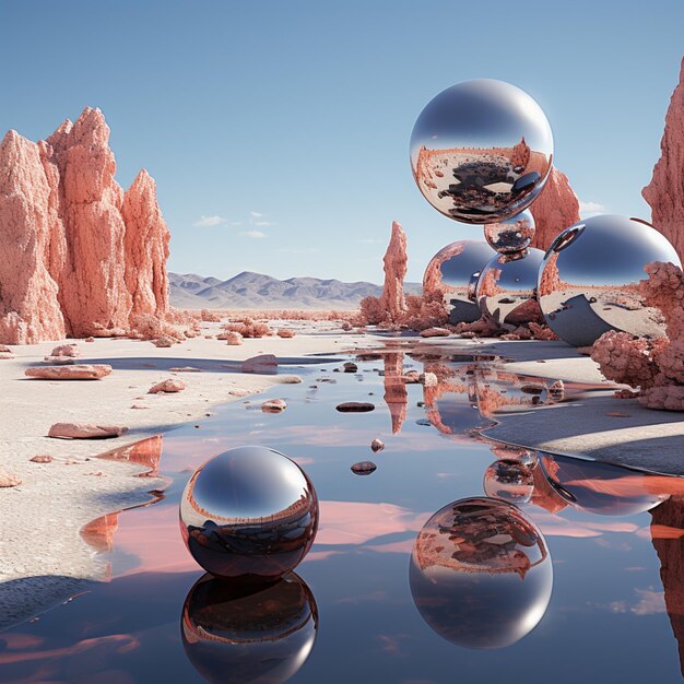 Il y a trois sphères flottant dans une piscine d'eau dans le désert.