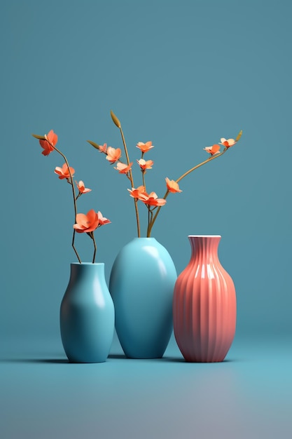 Il y a trois vases avec des fleurs à l'intérieur sur une surface bleue générative ai