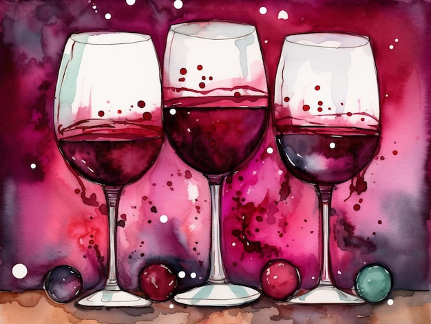 il y a trois verres à vin avec du vin rouge et des raisins sur la table ai générative