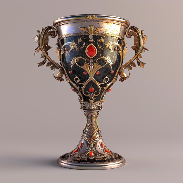 Il y a un trophée en argent et en or très orné avec des accents rouges.