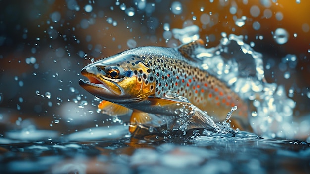 Photo il y a une truite brune qui saute de l'eau générative ai