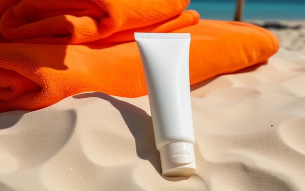 Il y a un tube de crème solaire sur une ai générative de plage