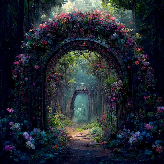 Il y a un tunnel avec des fleurs qui poussent dessus dans les bois ai générative