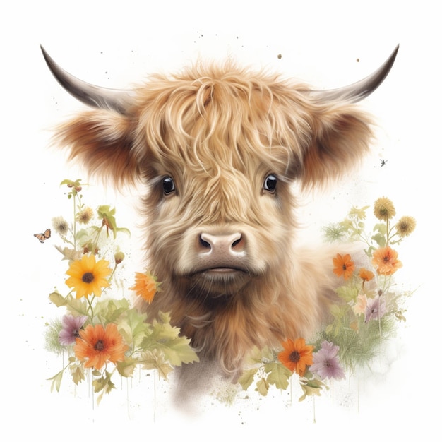 Il y a une vache aux cheveux longs et des fleurs sur sa tête ai générative