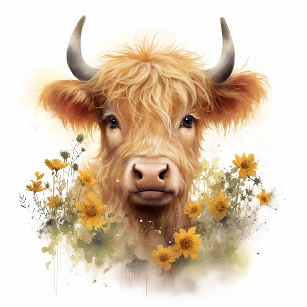 il y a une vache avec des cornes et des fleurs au premier plan