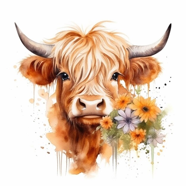Il y a une vache avec des cornes et des fleurs sur sa tête générative ai
