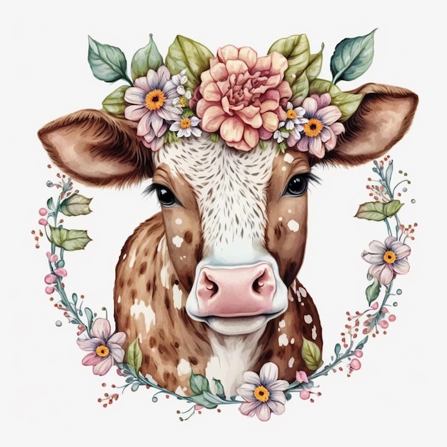 Il y a une vache avec une couronne de fleurs sur sa tête ai générative