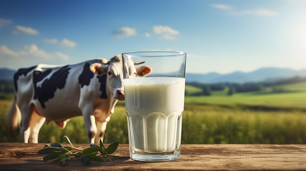 Il y a une vache debout à côté d'un verre de lait ai génératif