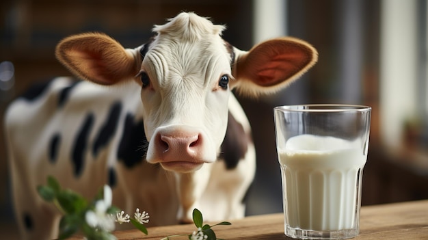 Il y a une vache debout à côté d'un verre de lait ai génératif