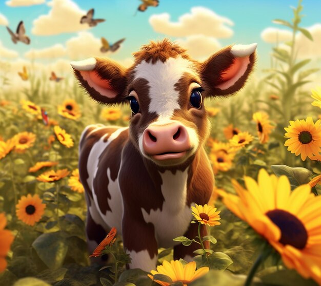Il y a une vache debout dans un champ de fleurs avec des papillons génératifs ai