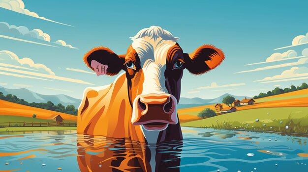 Photo il y a une vache debout dans l'eau avec un fond de ciel ai génératif
