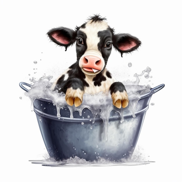 Il y a une vache qui est assise dans une baignoire métallique générative ai