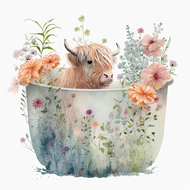 Il y a une vache qui est assise dans un pot de fleur générative ai