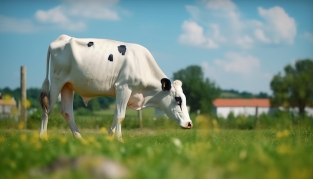 Il y a une vache qui se tient dans l'herbe et mange de l'aï génératif