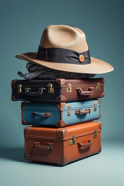 Il y a une valise avec un chapeau au-dessus.