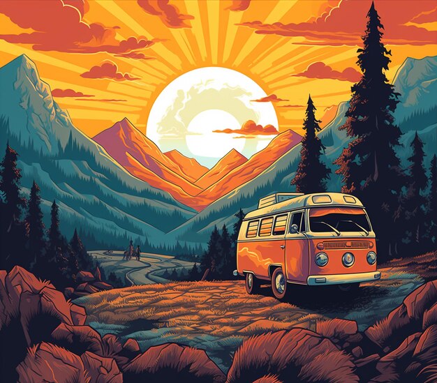 Il y a un van qui est garé dans les montagnes avec un générateur de coucher de soleil ai