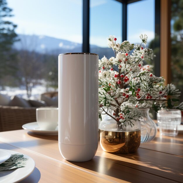 Photo il y a un vase blanc assis sur une table avec un arbre de noël dedans.