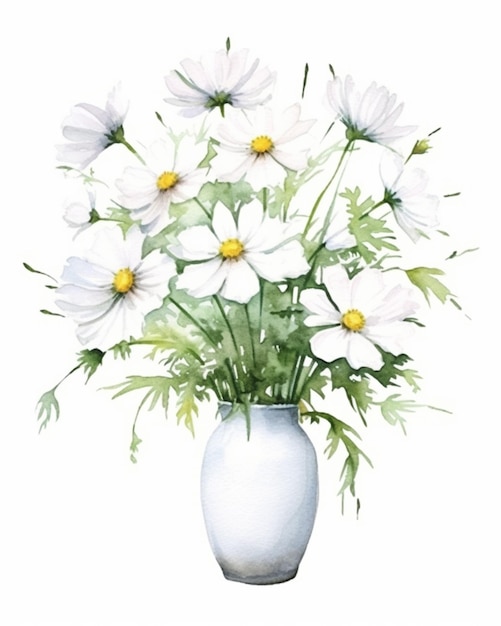 il y a un vase blanc avec des fleurs blanches dedans ai générative