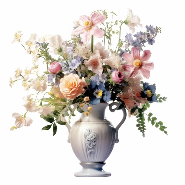 Il y a un vase blanc avec des fleurs sur un fond blanc ai générative