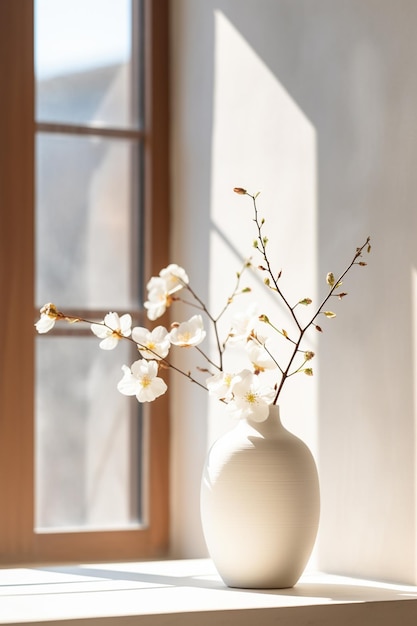 Il y a un vase blanc avec des fleurs à l'intérieur assis sur un rebord de fenêtre.
