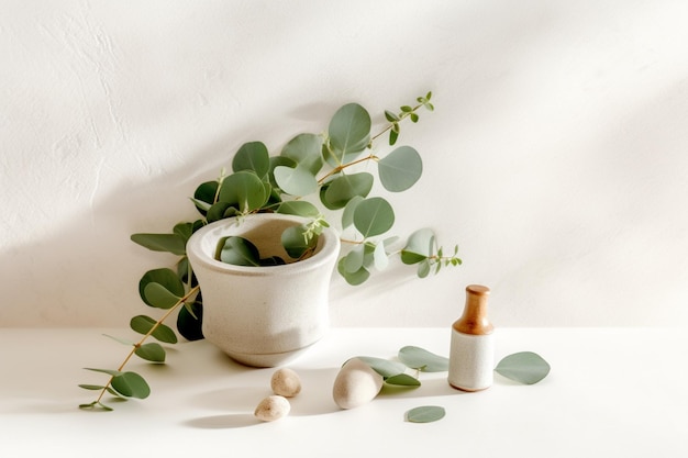 Photo il y a un vase blanc avec une plante et des perles de bois génératives ai