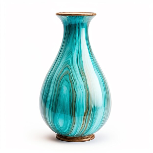 Photo il y a un vase bleu avec une base en bois sur un fond blanc.