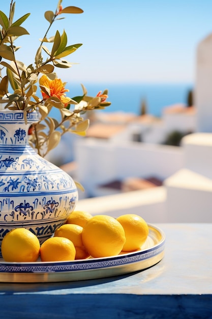 Photo il y a un vase bleu et blanc avec des oranges sur une table ai générative